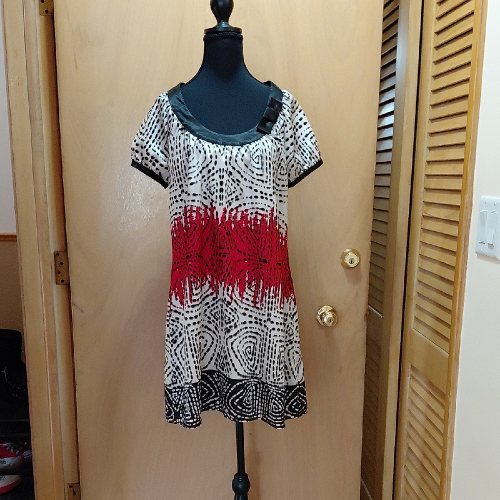 Black & White Short Sleeve Dress with Red Accent